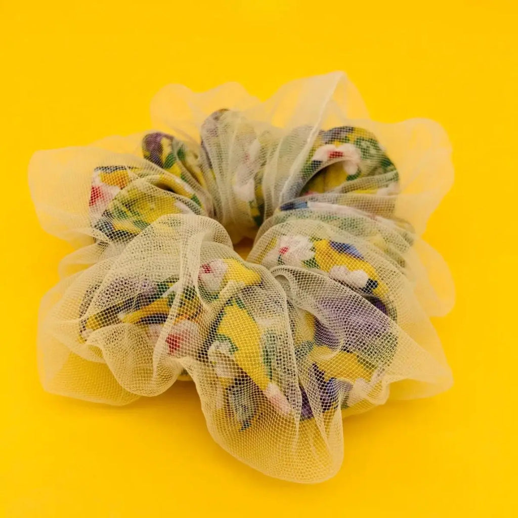 Liberty London Floral Silk Double-Layer Mesh Scrunchie | Cream White Net Overlay, Dreamy Floral Hair Accessory